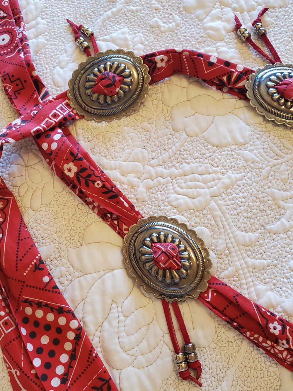 Handmade Boho Bandana Concho Tie Belt – 5-Foot Long Western Fringe Statement Pie - Picture 2 of 5